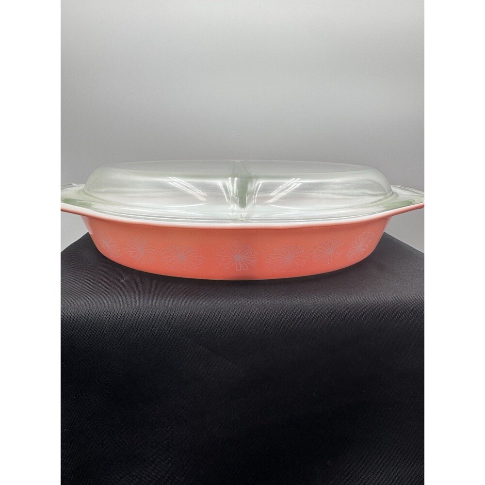 Vintage Pyrex Pink Daisy Oval Divided Dish with Lid 11
